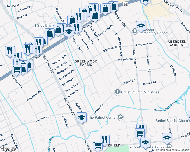 map of restaurants, bars, coffee shops, grocery stores, and more near 202 Aspenwood Drive in Hampton