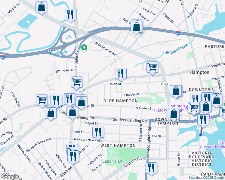 map of restaurants, bars, coffee shops, grocery stores, and more near 108 Maplewood Street in Hampton