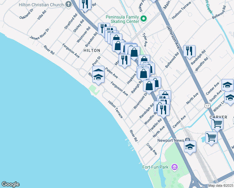 map of restaurants, bars, coffee shops, grocery stores, and more near 48 Hopkins Street in Newport News