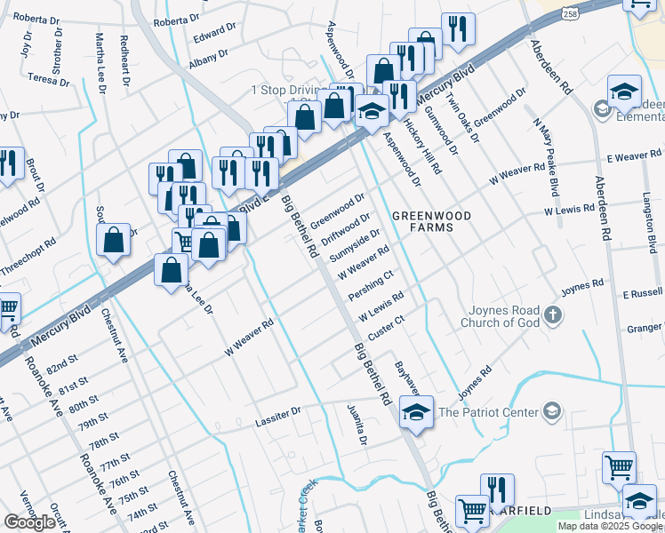 map of restaurants, bars, coffee shops, grocery stores, and more near 3401 Sunnyside Drive in Hampton