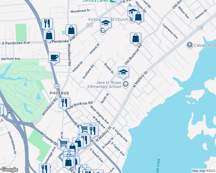 map of restaurants, bars, coffee shops, grocery stores, and more near 100 West Sherwood Avenue in Hampton
