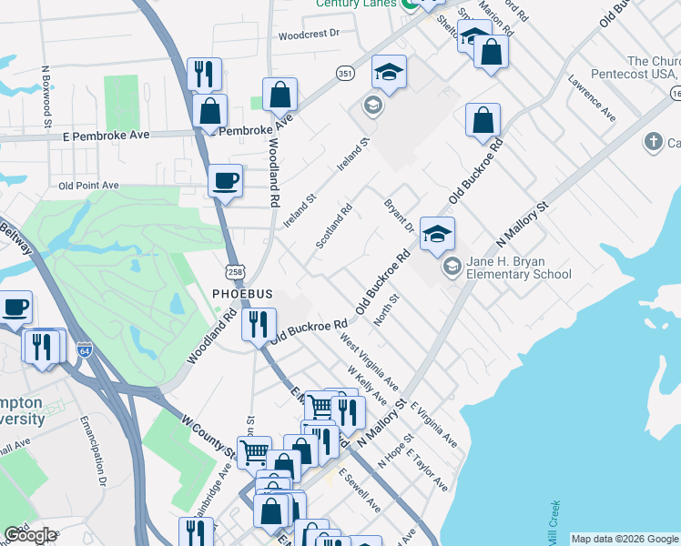 map of restaurants, bars, coffee shops, grocery stores, and more near 216 West Chamberlin Avenue in Hampton