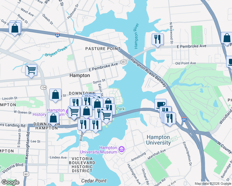 map of restaurants, bars, coffee shops, grocery stores, and more near 170 Mill Point Drive in Hampton