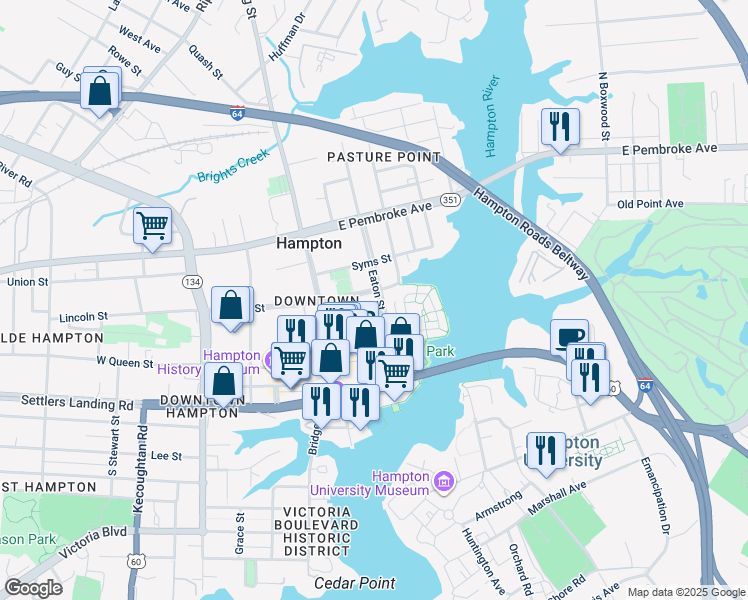 map of restaurants, bars, coffee shops, grocery stores, and more near 8 Academy Lane in Hampton