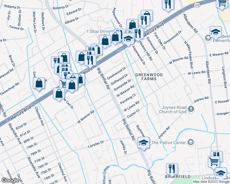 map of restaurants, bars, coffee shops, grocery stores, and more near 3401 Sunnyside Drive in Hampton