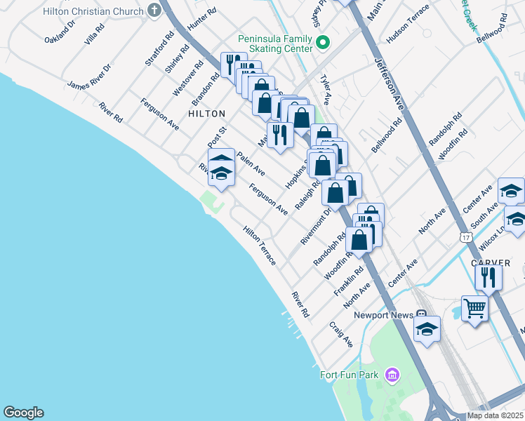map of restaurants, bars, coffee shops, grocery stores, and more near 48 Hopkins Street in Newport News