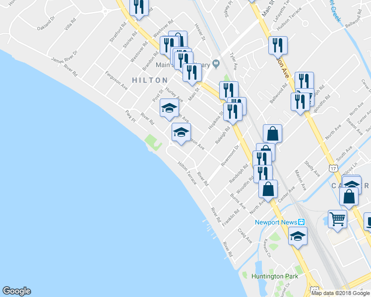 map of restaurants, bars, coffee shops, grocery stores, and more near 200 River Road in Newport News
