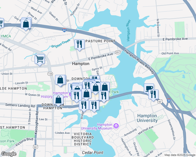 map of restaurants, bars, coffee shops, grocery stores, and more near 2 Academy Lane in Hampton