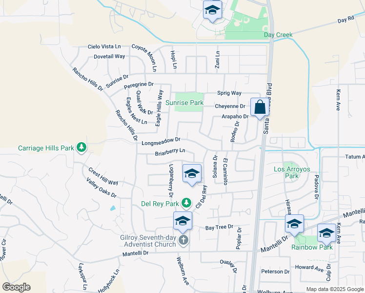 map of restaurants, bars, coffee shops, grocery stores, and more near 1341 Briarberry Lane in Gilroy