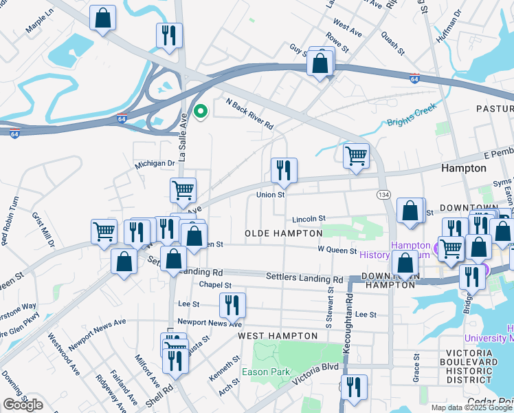 map of restaurants, bars, coffee shops, grocery stores, and more near 109 Maplewood Street in Hampton
