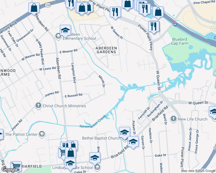 map of restaurants, bars, coffee shops, grocery stores, and more near 202 Pamela Drive in Hampton