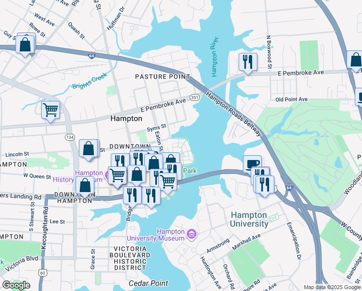 map of restaurants, bars, coffee shops, grocery stores, and more near 229 Mill Point Drive in Hampton