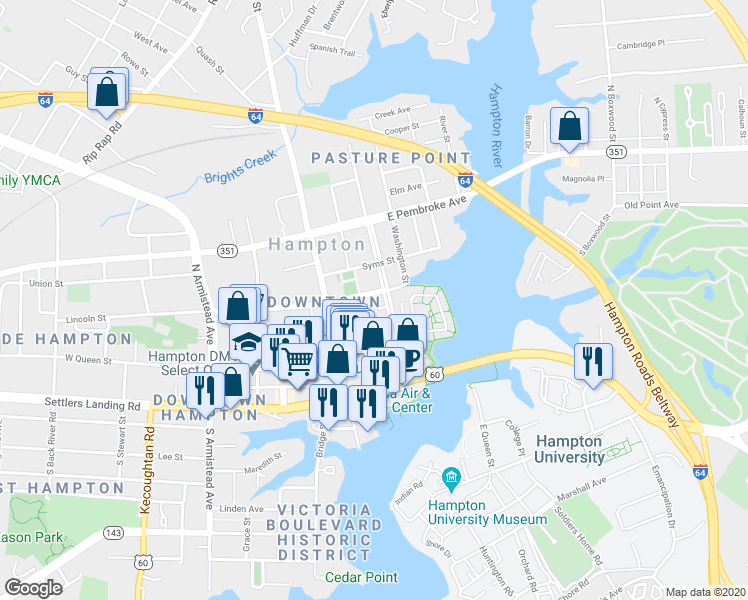 map of restaurants, bars, coffee shops, grocery stores, and more near 22 Academy Lane in Hampton