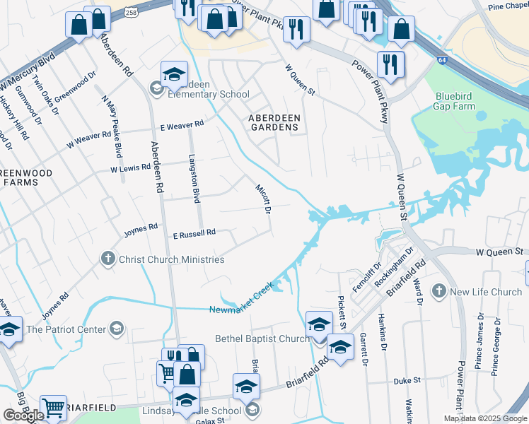 map of restaurants, bars, coffee shops, grocery stores, and more near 1041 Micott Drive in Hampton