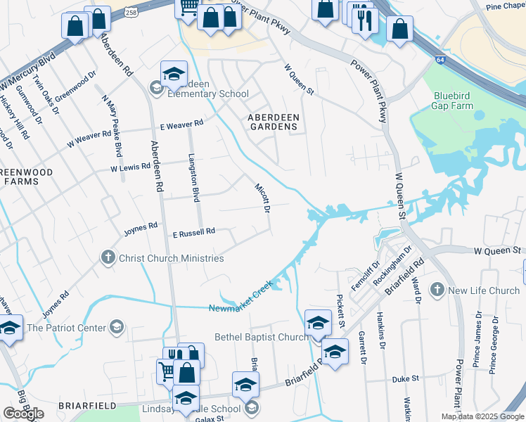 map of restaurants, bars, coffee shops, grocery stores, and more near 1041 Micott Drive in Hampton