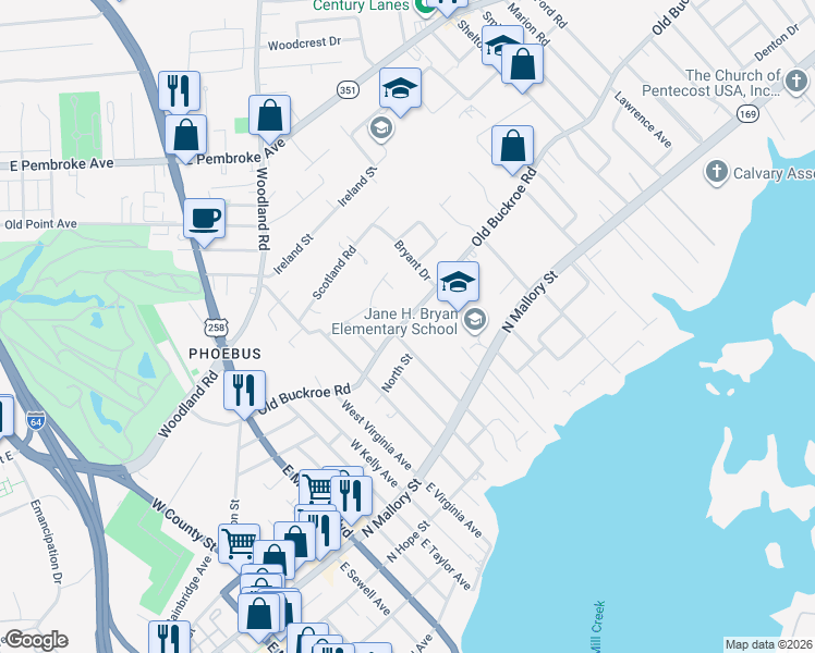 map of restaurants, bars, coffee shops, grocery stores, and more near 100 West Sherwood Avenue in Hampton