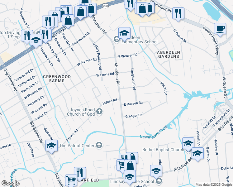 map of restaurants, bars, coffee shops, grocery stores, and more near 1101 Aberdeen Road in Hampton