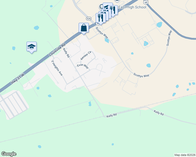 map of restaurants, bars, coffee shops, grocery stores, and more near 340 Sandy Court in Bowling Green