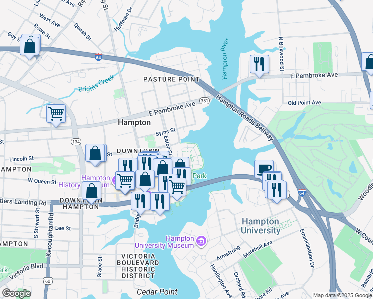 map of restaurants, bars, coffee shops, grocery stores, and more near 239 Mill Point Drive in Hampton
