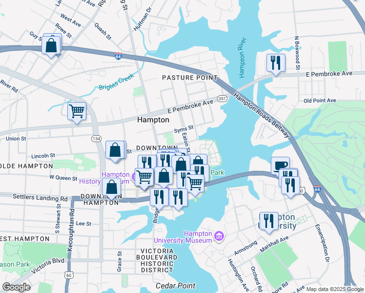map of restaurants, bars, coffee shops, grocery stores, and more near 22 Academy Lane in Hampton