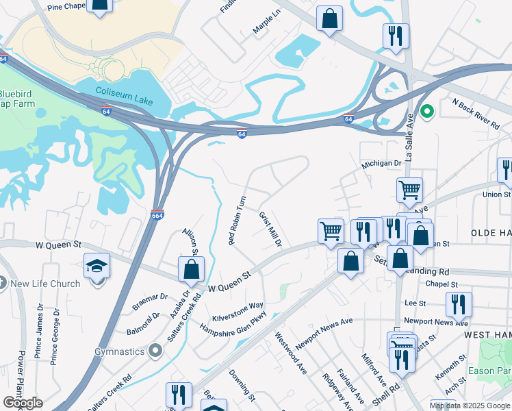 map of restaurants, bars, coffee shops, grocery stores, and more near 28 Grist Mill Drive in Hampton