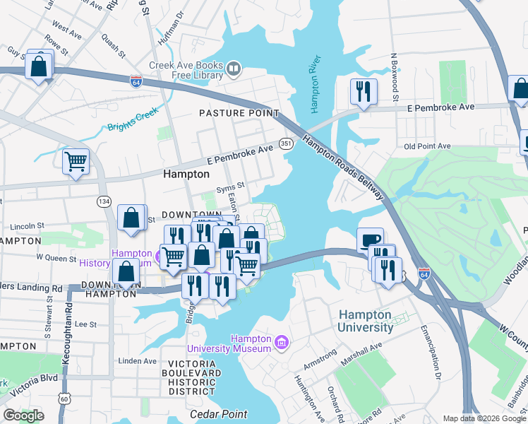map of restaurants, bars, coffee shops, grocery stores, and more near 255 Mill Point Drive in Hampton