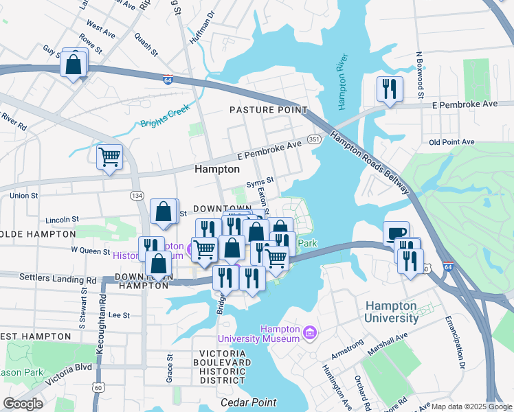 map of restaurants, bars, coffee shops, grocery stores, and more near 26 Academy Lane in Hampton