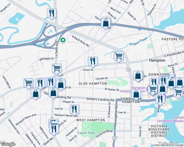 map of restaurants, bars, coffee shops, grocery stores, and more near 223 North Back River Road in Hampton