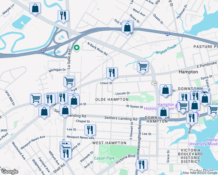 map of restaurants, bars, coffee shops, grocery stores, and more near 114 Dooley Street in Hampton
