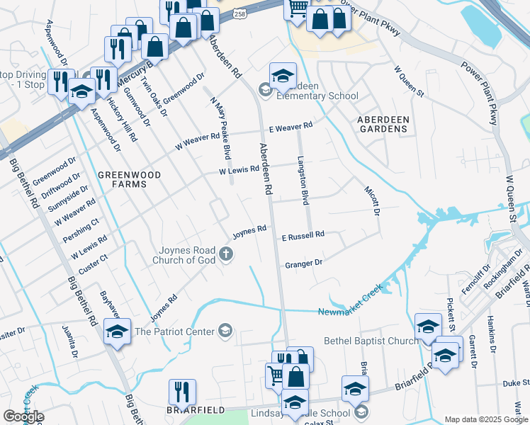 map of restaurants, bars, coffee shops, grocery stores, and more near 1101 Aberdeen Road in Hampton