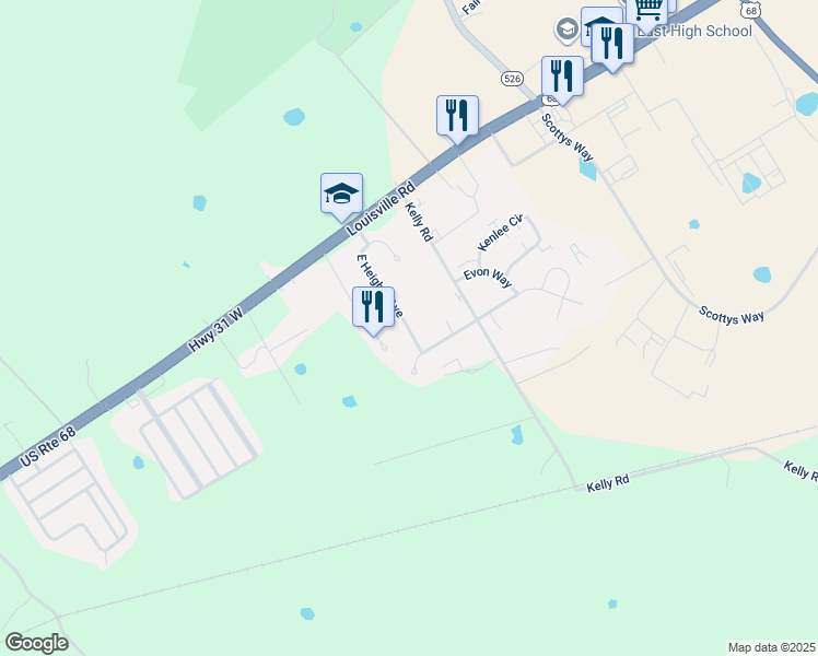 map of restaurants, bars, coffee shops, grocery stores, and more near 231 Kingston Way in Bowling Green
