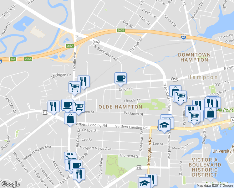 map of restaurants, bars, coffee shops, grocery stores, and more near 114 Dooley Street in Hampton