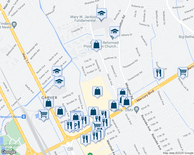 map of restaurants, bars, coffee shops, grocery stores, and more near 5007 Hazelwood Road in Newport News