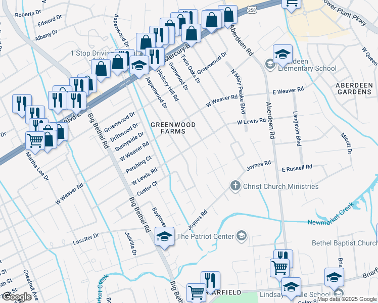 map of restaurants, bars, coffee shops, grocery stores, and more near 401 West Lewis Road in Hampton