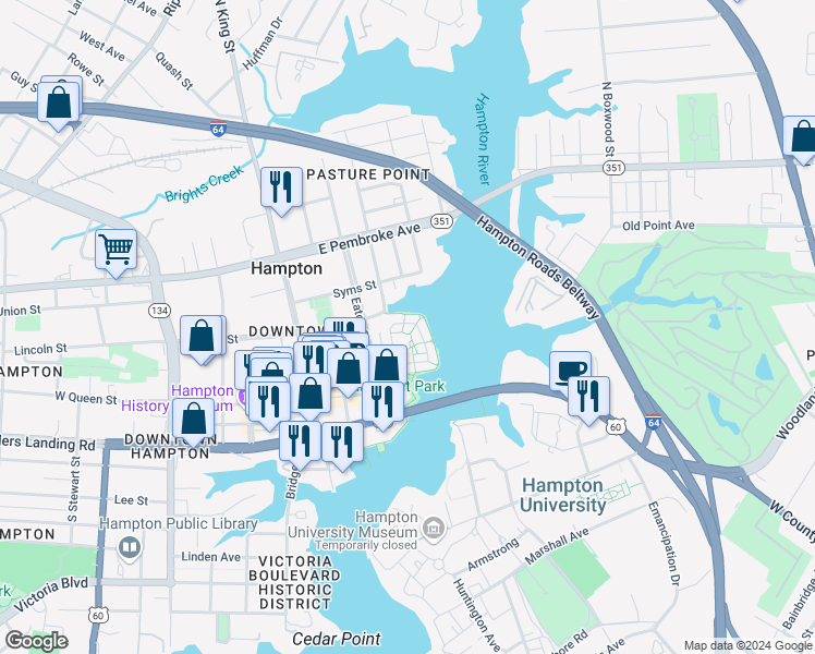 map of restaurants, bars, coffee shops, grocery stores, and more near 233 Mill Point Drive in Hampton