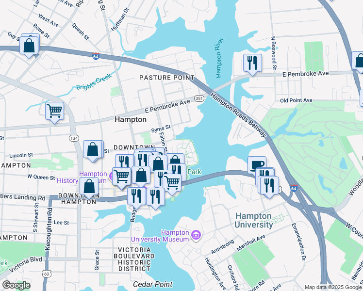 map of restaurants, bars, coffee shops, grocery stores, and more near 239 Mill Point Drive in Hampton