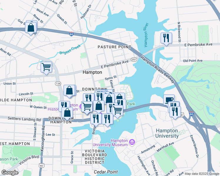 map of restaurants, bars, coffee shops, grocery stores, and more near 7 Lincoln Street in Hampton