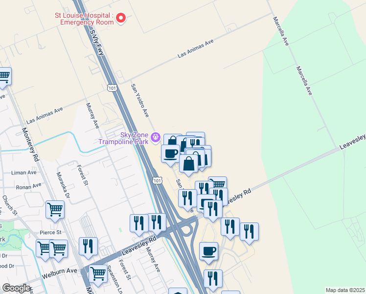 map of restaurants, bars, coffee shops, grocery stores, and more near 8840 San Ysidro Avenue in Gilroy