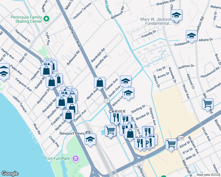 map of restaurants, bars, coffee shops, grocery stores, and more near 722 Center Avenue in Newport News