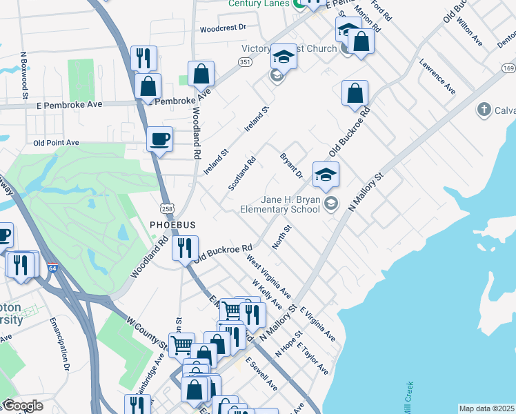 map of restaurants, bars, coffee shops, grocery stores, and more near 14 Douglas Street in Hampton