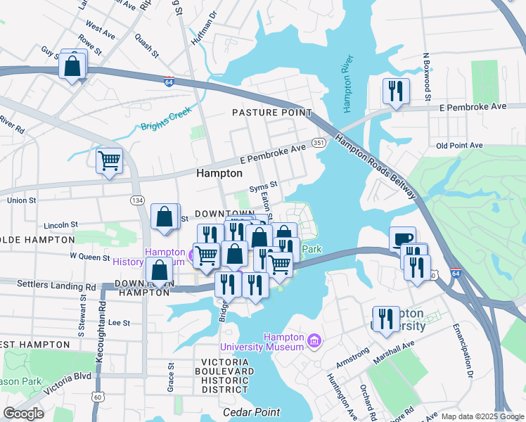 map of restaurants, bars, coffee shops, grocery stores, and more near 3 Lincoln Street in Hampton