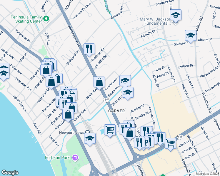 map of restaurants, bars, coffee shops, grocery stores, and more near 722 Center Avenue in Newport News