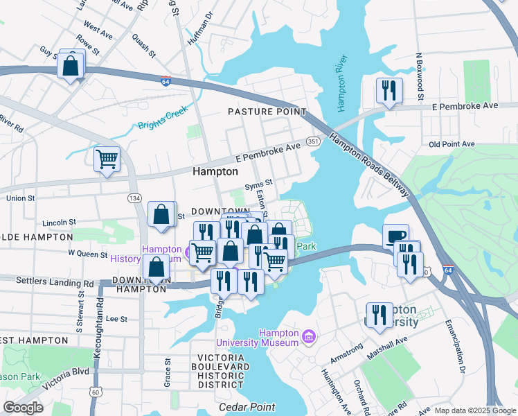 map of restaurants, bars, coffee shops, grocery stores, and more near 3 Lincoln Street in Hampton