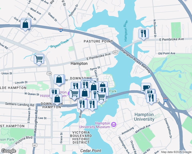 map of restaurants, bars, coffee shops, grocery stores, and more near 221 Eaton Street in Hampton