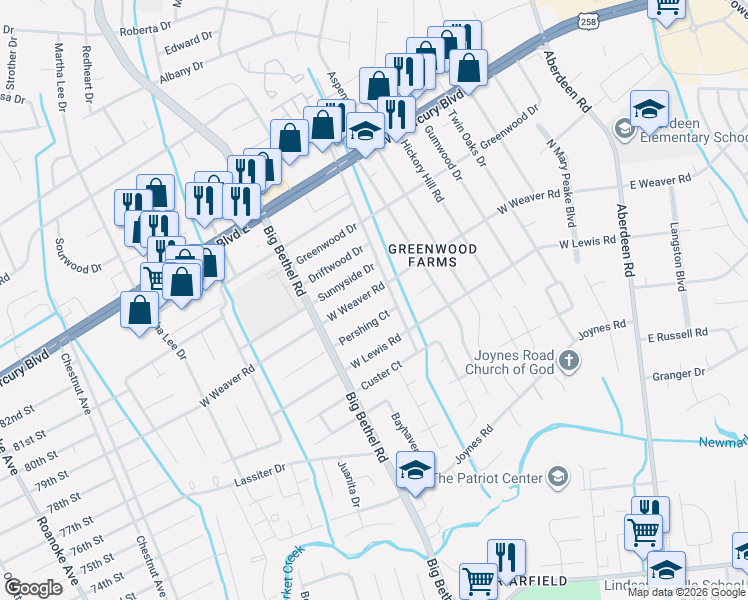 map of restaurants, bars, coffee shops, grocery stores, and more near 3305 Pershing Court in Hampton