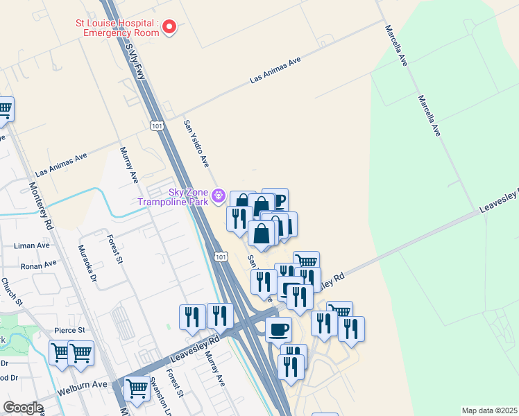map of restaurants, bars, coffee shops, grocery stores, and more near 8840 San Ysidro Avenue in Gilroy