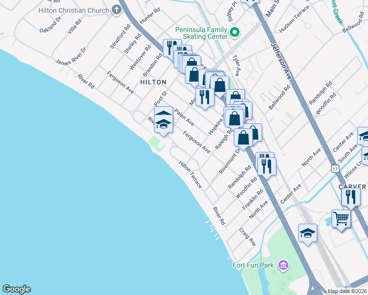 map of restaurants, bars, coffee shops, grocery stores, and more near 206 River Road in Newport News