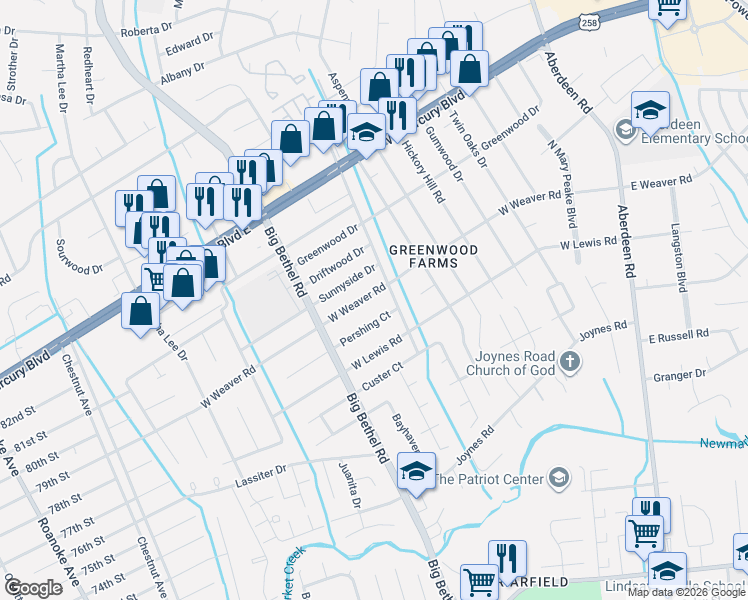 map of restaurants, bars, coffee shops, grocery stores, and more near 3305 Pershing Court in Hampton
