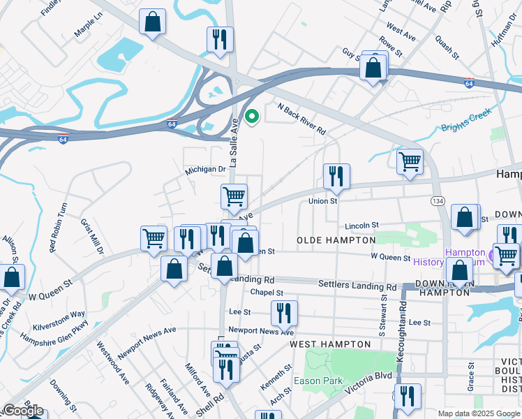 map of restaurants, bars, coffee shops, grocery stores, and more near 900 West Pembroke Avenue in Hampton
