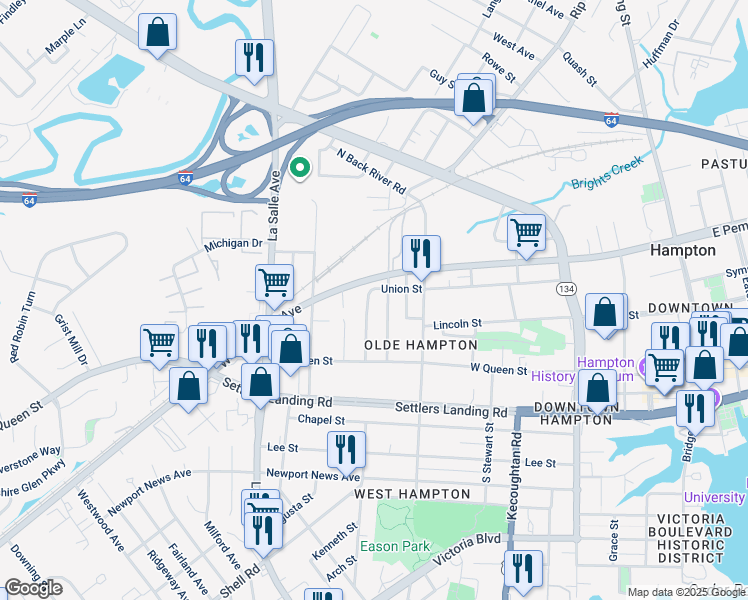map of restaurants, bars, coffee shops, grocery stores, and more near 114 Redwood Street in Hampton